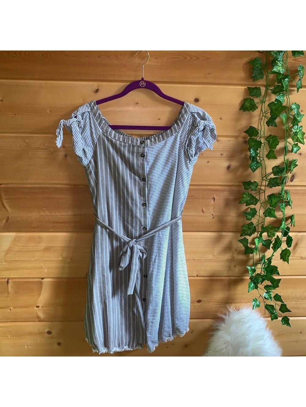 THML Small Striped Button-Front Dress with Tie Waist